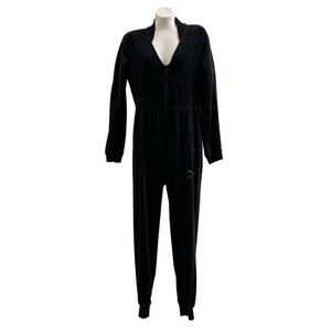 Puma Black Velor Jumpsuit with zipper and ribbed sleeves, ankles, neckline.